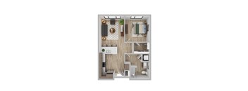 A top-down view of a small apartment with a kitchen, living room, and bedroom.