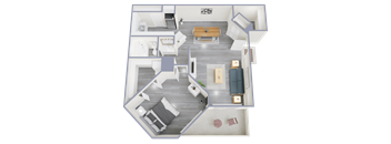 arial view of a 1 bedroom apartment with a living room and bedroom with a bed and