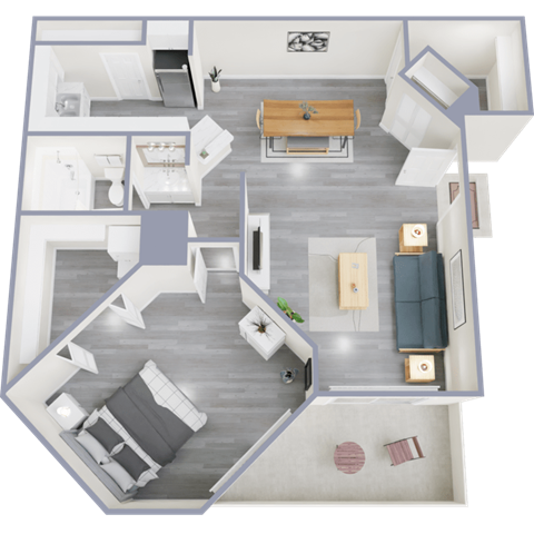 arial view of a 1 bedroom apartment with a living room and bedroom with a bed and