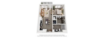 A 3D floor plan of a house with a kitchen, living room, and bathroom.