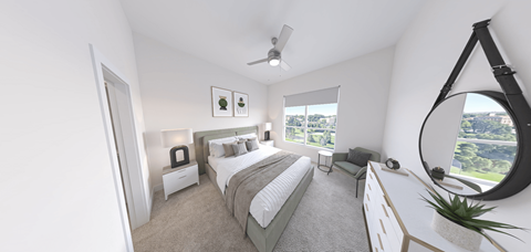 A bedroom with a large bed and a view of the city.