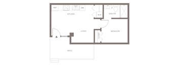 A floor plan of a house with a kitchen, living room, bedroom, and patio.