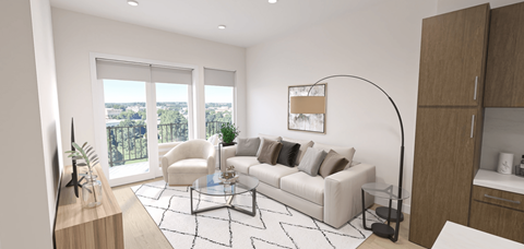 A modern living room with a large window overlooking the city.
