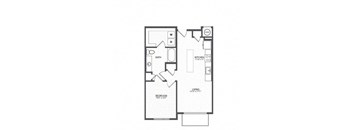 A floor plan of a house with a living room, kitchen, bathroom, and bedroom.