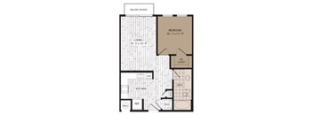 A floor plan of a small apartment with a living room, kitchen, bathroom, and bedroom.
