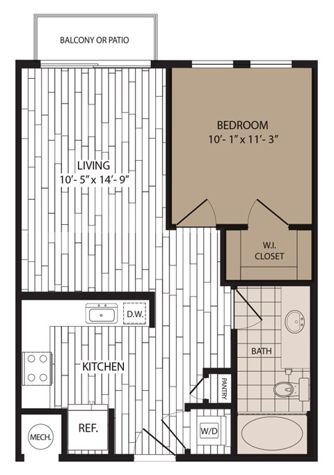 A floor plan of a small apartment with a living room, kitchen, bathroom, and bedroom.