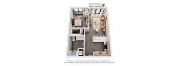 A floor plan of a small apartment with a kitchen, living room, and bathroom.