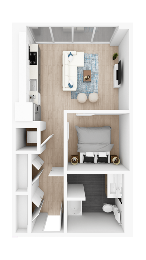 a stylized floor plan with a bedroom and a living room