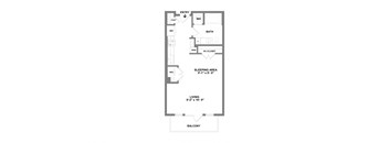 A floor plan of a small apartment with a living area, sleeping area, bathroom, and balcony.