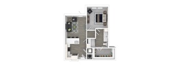 A top-down view of a modern apartment layout with a kitchen, living room, and bedroom.