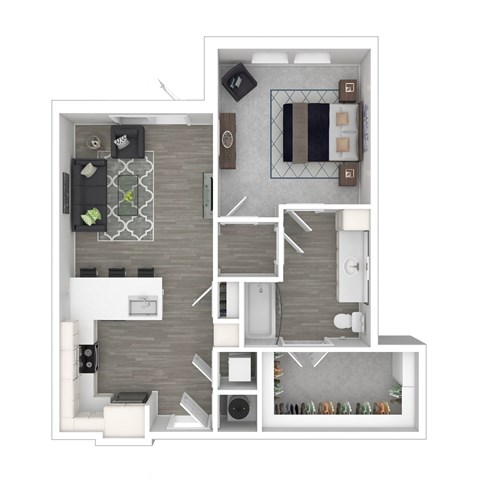 A top-down view of a modern apartment layout with a kitchen, living room, and bedroom.