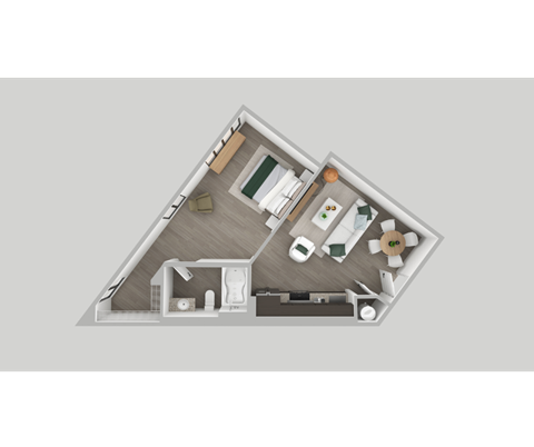 A top-down view of a house layout with a living room, kitchen, and two bedrooms.