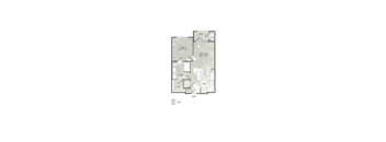 A floor plan of a house with a living room, dining room, kitchen, and bathrooms.