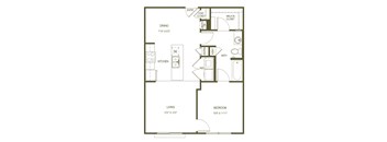 A floor plan of a house with a living room, dining room, kitchen, bathroom, and bedroom.