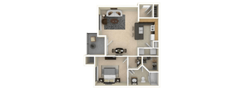 A floor plan of a small apartment with a kitchen, living room, and bathroom.