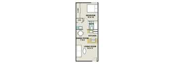 A floor plan of a small apartment with a bedroom, living room, kitchen, and dining room.