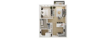 A top-down view of a small apartment layout with a kitchen, living room, and bathroom.