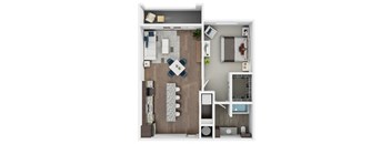 A top-down view of a small apartment with a kitchen, living room, and bathroom.