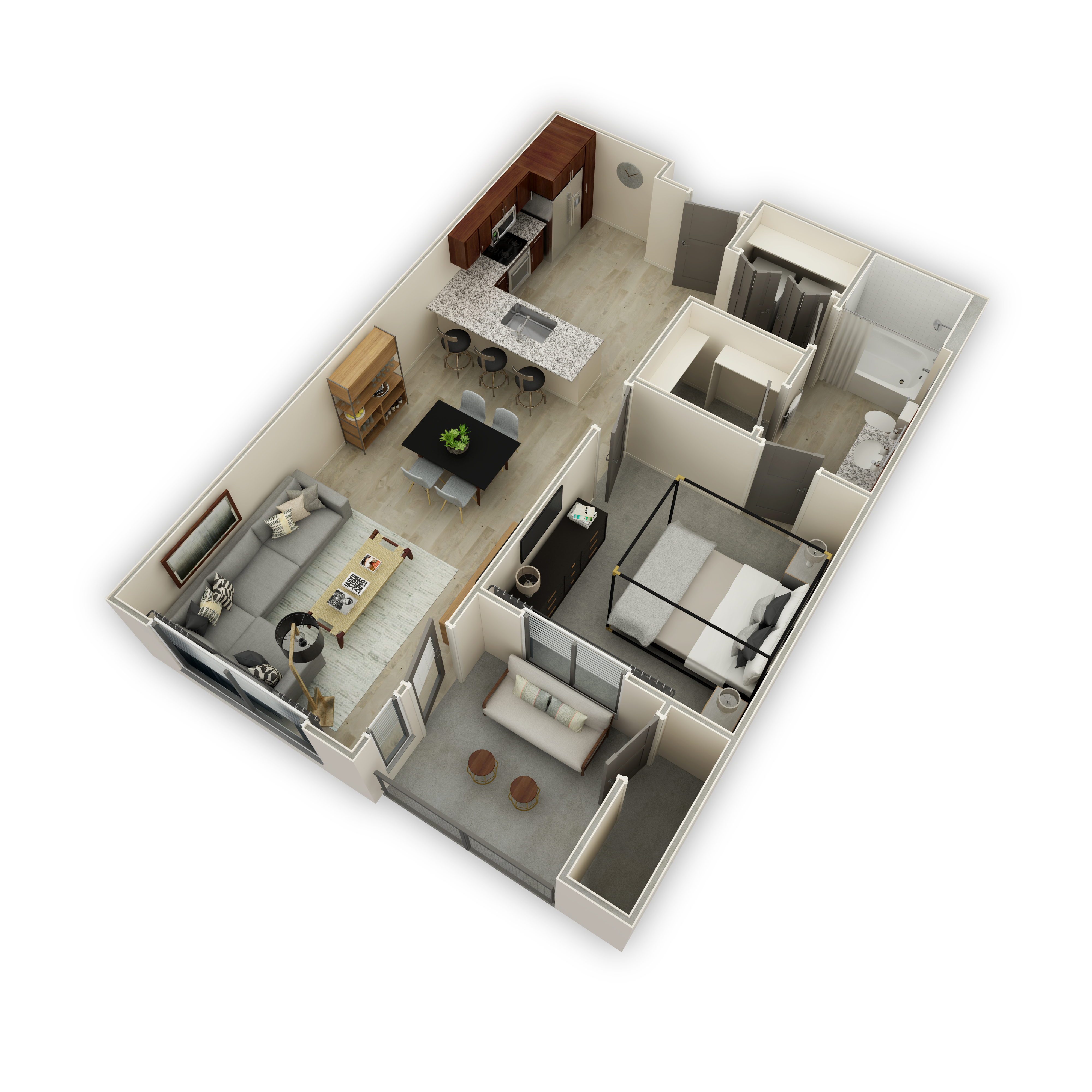 A 3D floor plan of a house with a kitchen, living room, dining room, and two bedrooms.