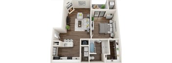 A top-down view of a small apartment with a kitchen, living room, and bedroom.