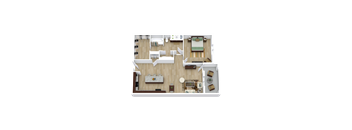 A top-down view of a small apartment with a kitchen, living room, and bedroom.