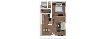 a stylized floor plan with a bedroom and a living room