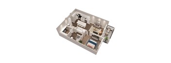 A 3D floor plan of a house with a living room, kitchen, dining room, and bedrooms.