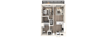 A 3D floor plan of a small apartment with a kitchen, living room, and bathroom.