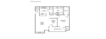 A floor plan of a house layout with a living room, dining room, kitchen, bathroom, and bedroom.