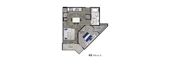 A floor plan of a 2 bedroom apartment with a living room, kitchen, bathroom and balcony.