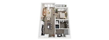 A top-down view of a small apartment with a kitchen, living room, and bathroom.