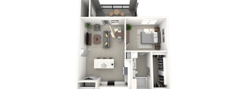A 3D floor plan of a small apartment with a kitchen, living room, and bedroom.