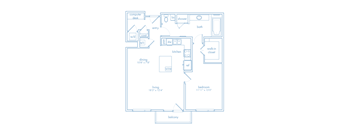 A floor plan of a small apartment with a living room, dining room, kitchen, bathroom, and bedroom.