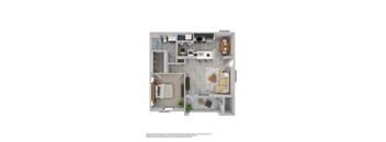 A floor plan of a small apartment with a kitchen, living room, and bathroom.
