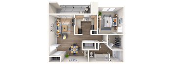 A 3D rendered image of a modern apartment layout.