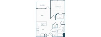 A floor plan of a home with a balcony, bedroom, living room, eat in kitchen, bathroom and laundry.
