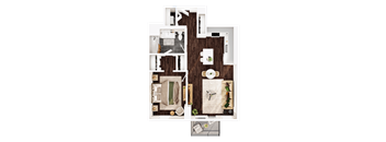 A top-down view of a well-organized apartment with a kitchen, living room, and bathroom.