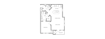 A floor plan of a house with a kitchen, dining area, bedroom, living room, and bathroom.