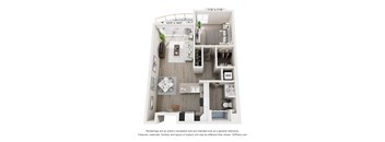 A floor plan of a small apartment with a kitchen, living room, and bathroom.