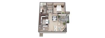 A 3D floor plan of a house with two bedrooms, a living room, a kitchen, a dining room, and a garage.