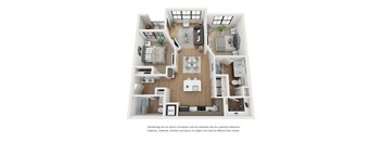 A white and wood floor plan of a small apartment with a kitchen, living room, and bedroom.