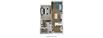 A floor plan of an apartment with a living room, kitchen, and bathroom.