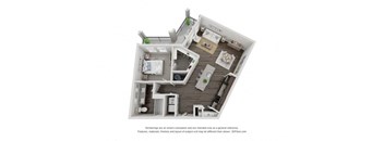 A 3D floor plan of a house with a kitchen, living room, and two bedrooms.