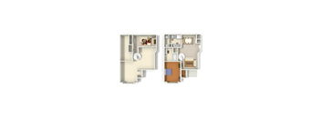 A floor plan of a two-story apartment with a living room, kitchen, and bedrooms.