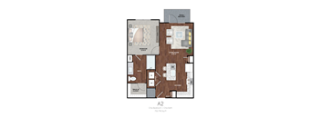 A 2 bedroom apartment floor plan with a living room, kitchen, bath, and closet.