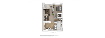 A floor plan of a small apartment with a kitchen, living room, and bathroom.