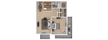 a stylized floor plan with a bedroom and a living room