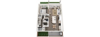 A floor plan of a house with a kitchen, living room, dining room, and bathrooms.