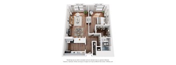 A floor plan of a small apartment with a kitchen, living room, and bedroom.