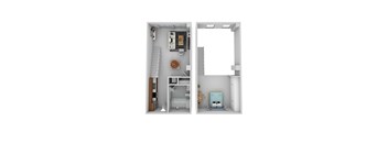 a stylized floor plan with a staircase and a bedroom